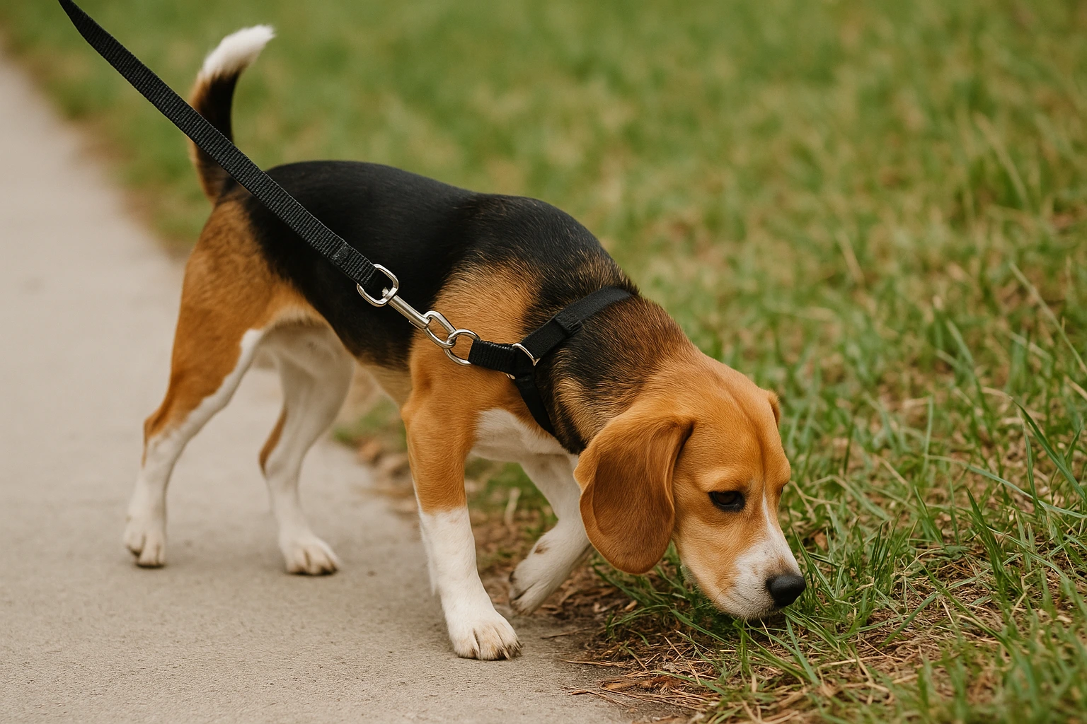 Dog walking on leash, exploring and sniffing