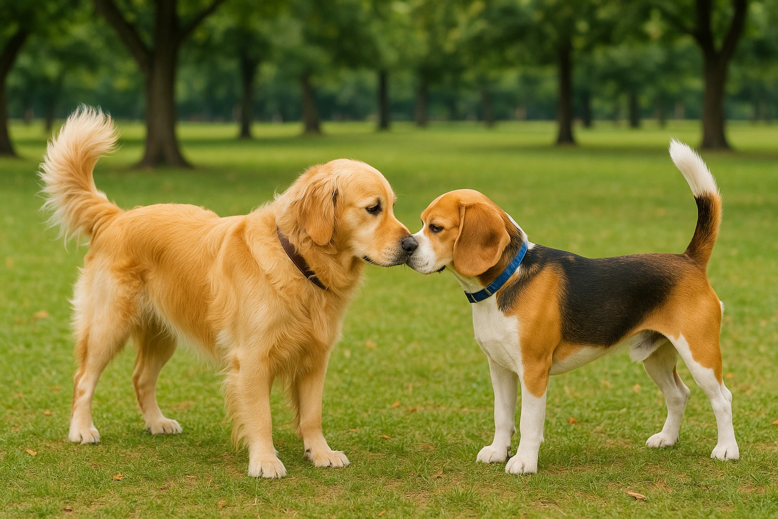 Two friendly dogs greeting with a relaxed sniff at the park