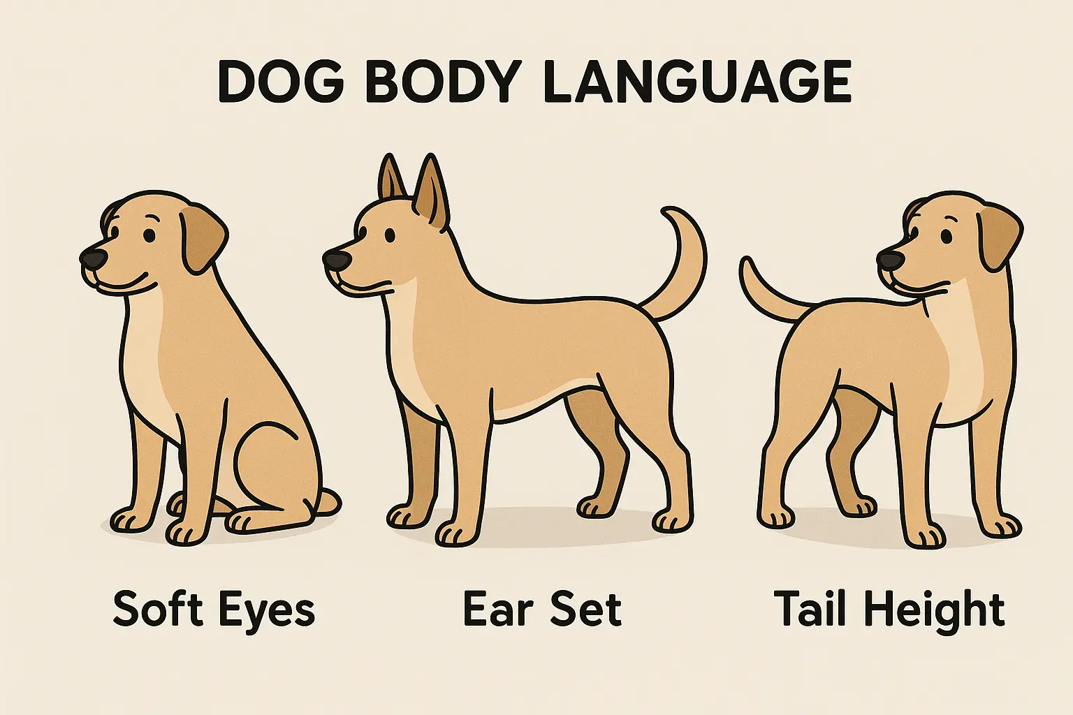 Examples of dog body language cues like soft eyes, ear set, and tail height