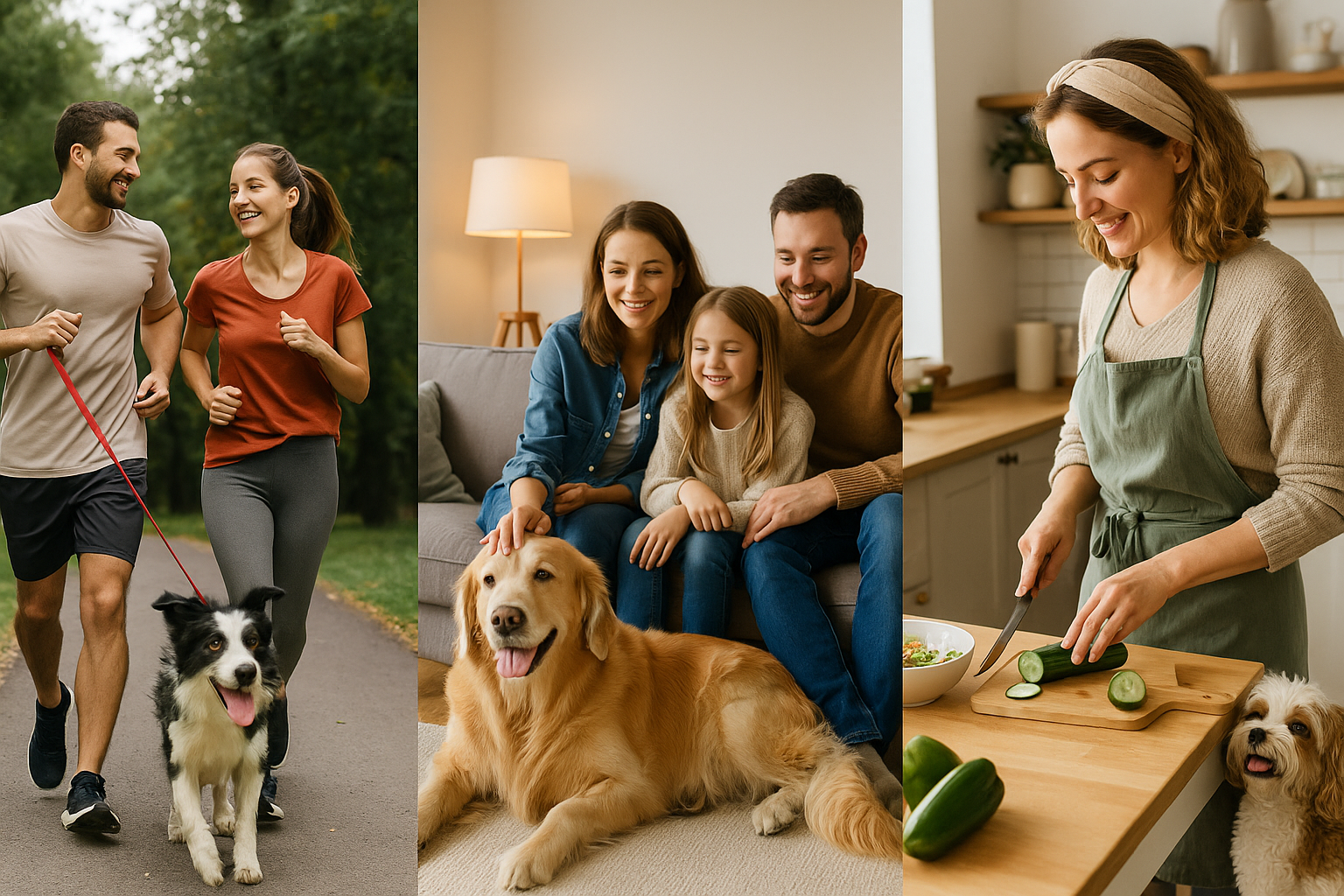 Different dog breeds with owners of varying lifestyles, helping choose the right breed.