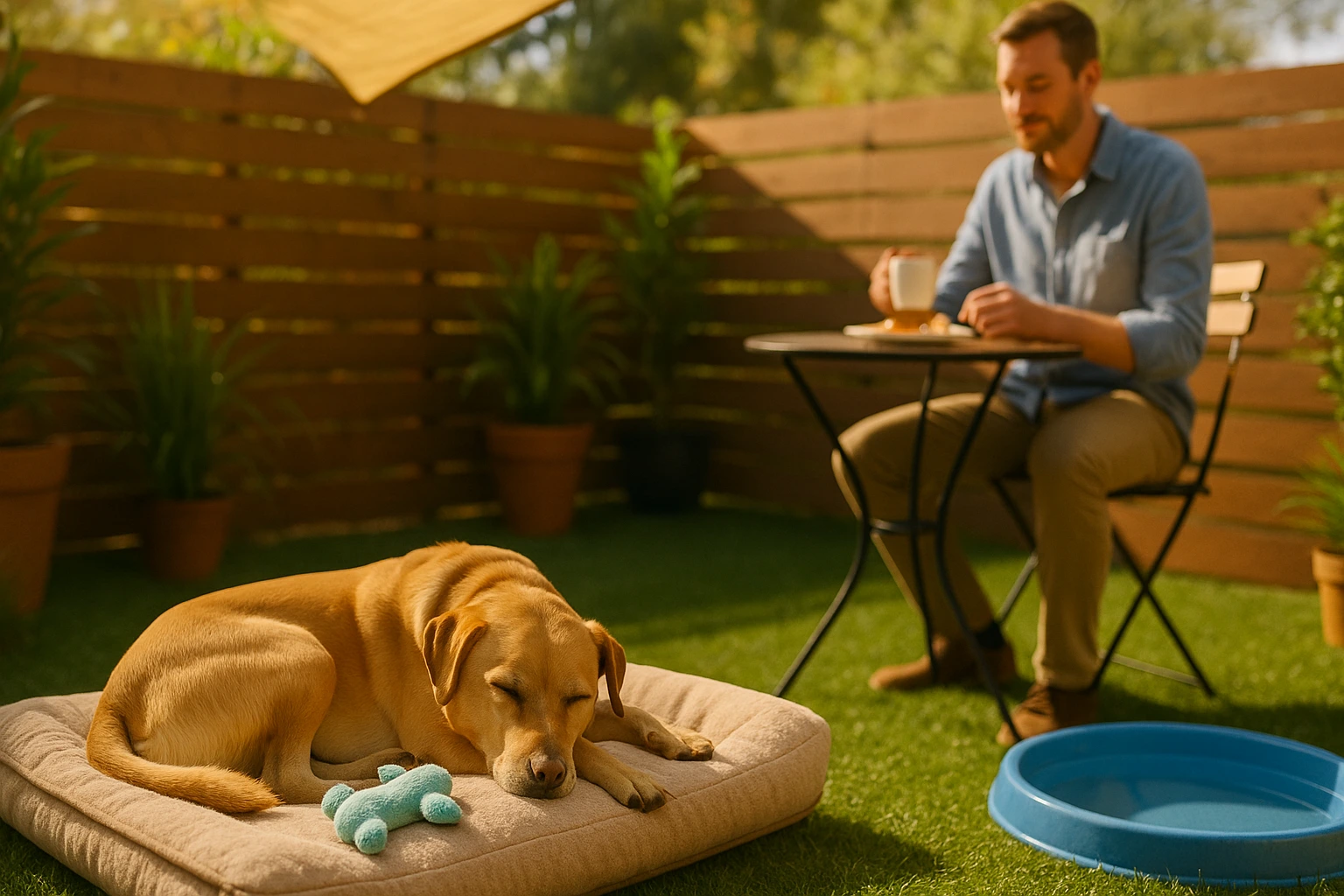 A dog enjoying a cozy outdoor Petio with turf, shade, and toys.