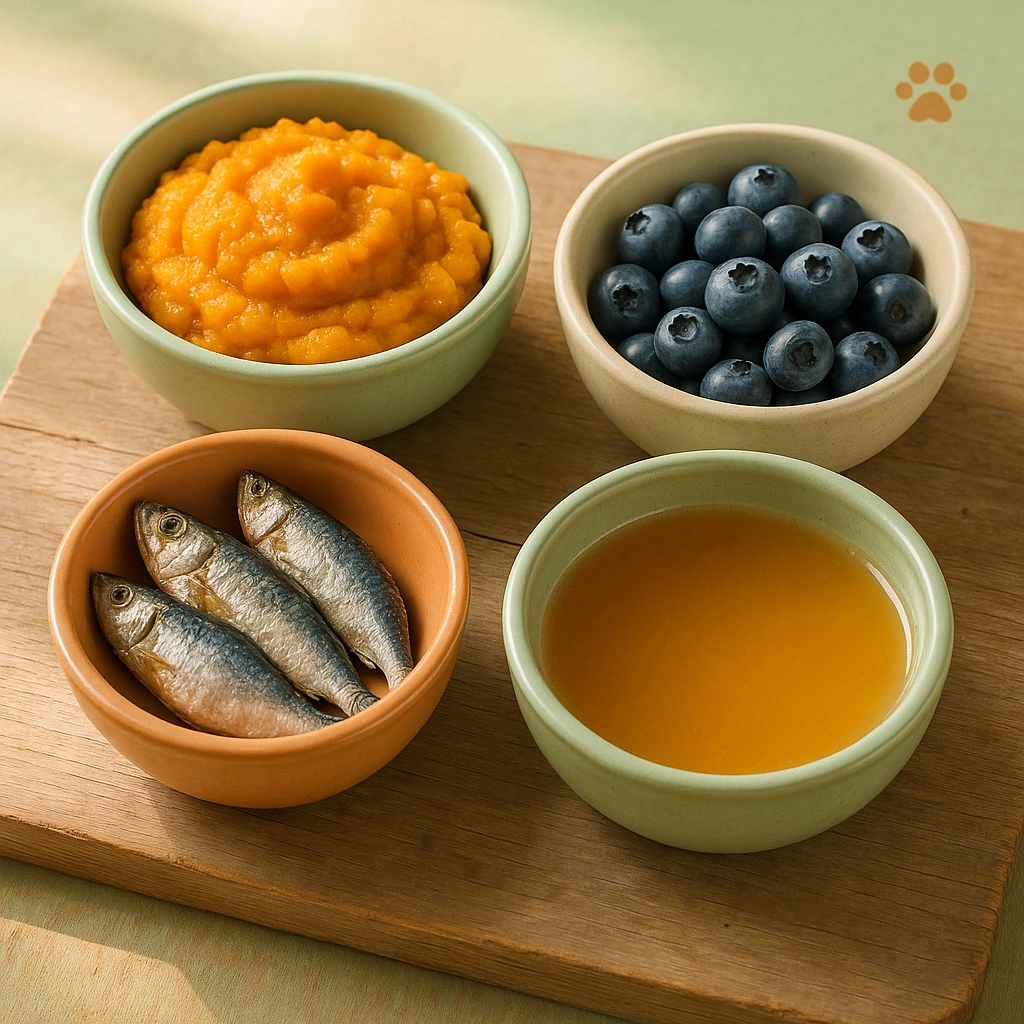 Healthy dog superfoods like pumpkin, blueberries, sardines, and bone broth in bowls