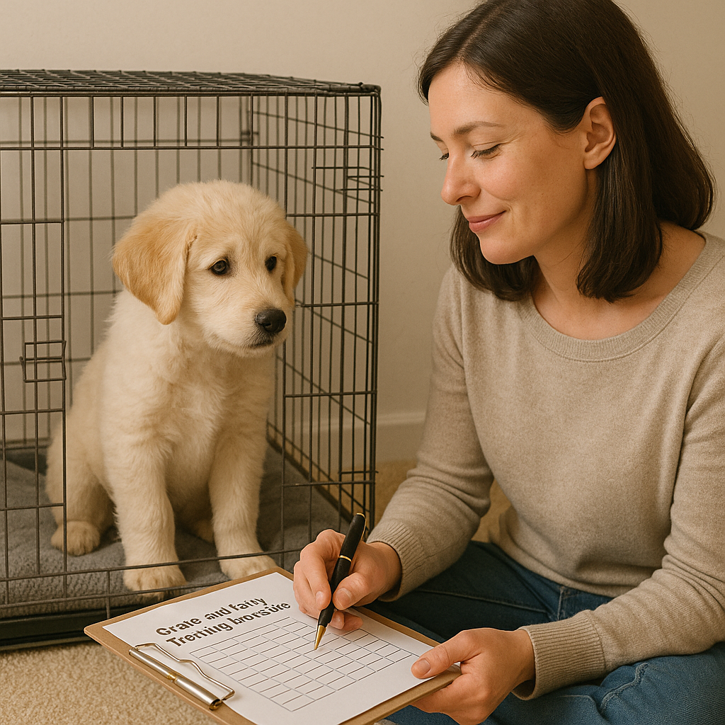 Puppy following a crate and potty training schedule with owner keeping a log