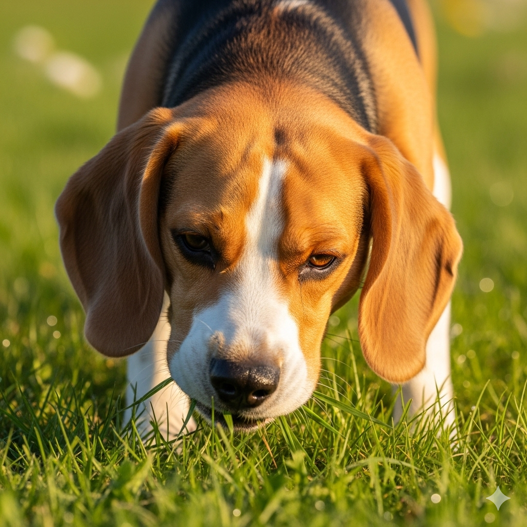 A dog sniffing and nibbling on fresh grass