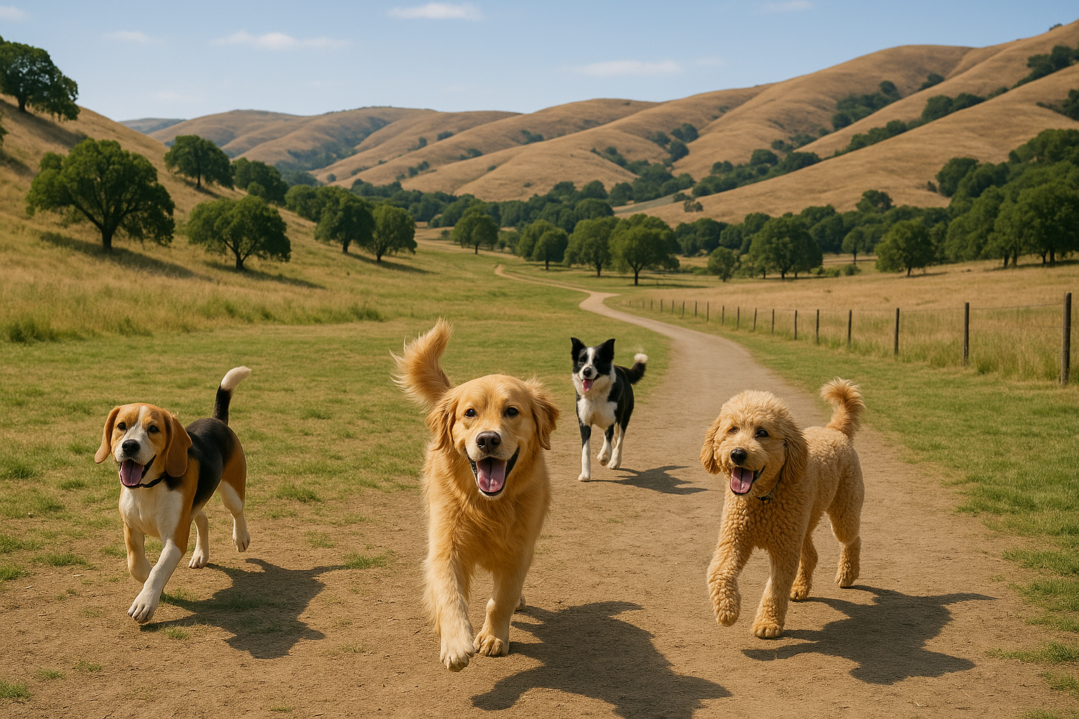 Happy dogs playing at a Bay Area dog park with open space and trails