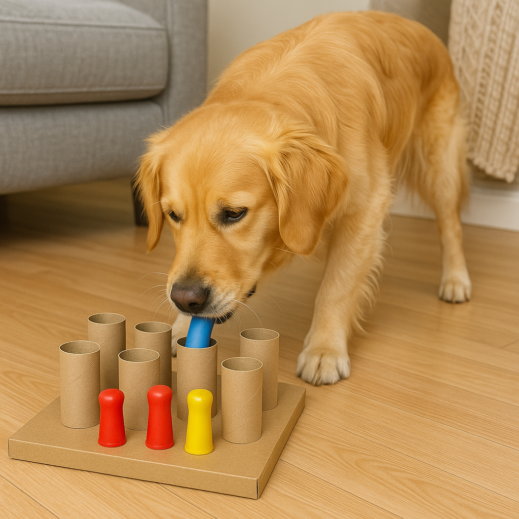 Dog playing a DIY enrichment brain game at home