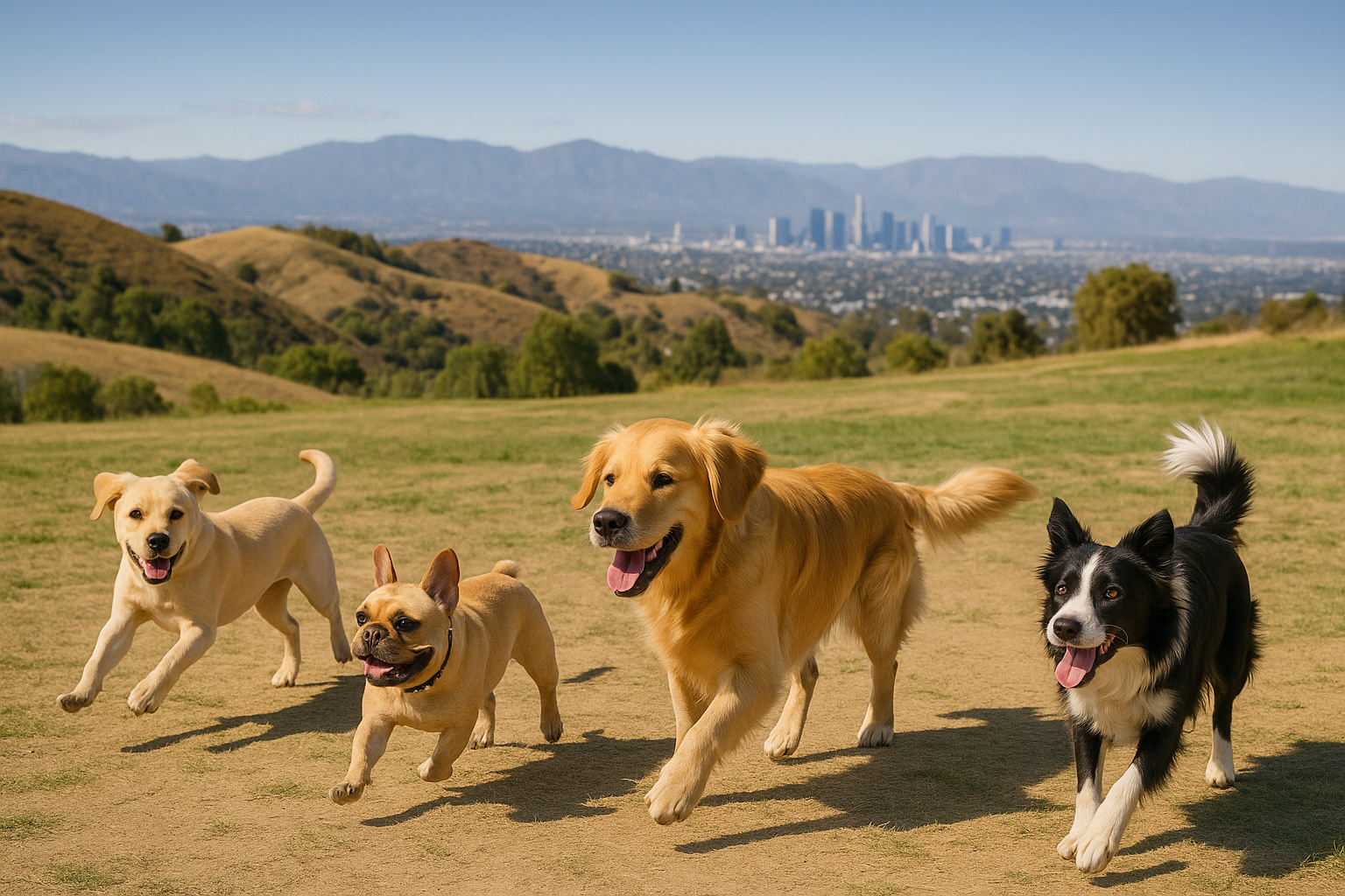 Happy dogs playing at a Los Angeles dog park with views and open space