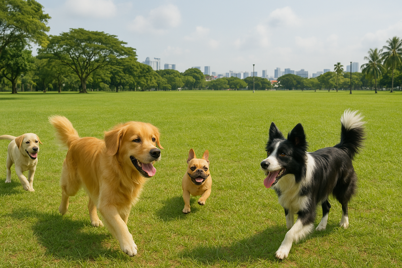Happy dogs playing at a Singapore dog park with open grassy space