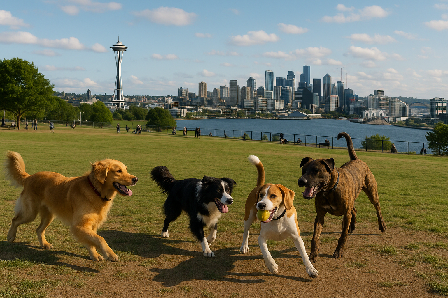Dogs playing at a Seattle dog park with waterfront views and open space