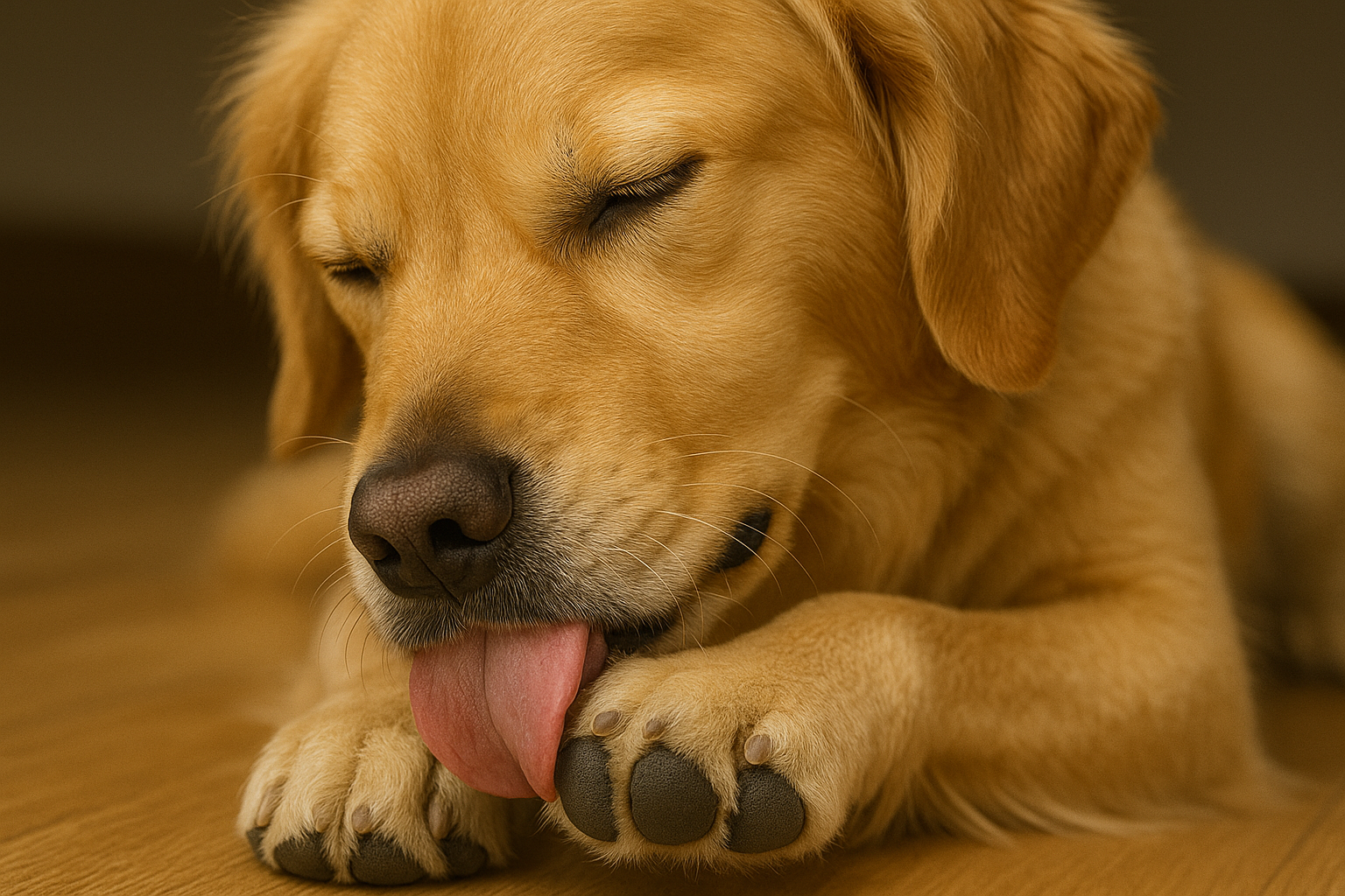 Dog licking its paw with close-up of healthy paw pads
