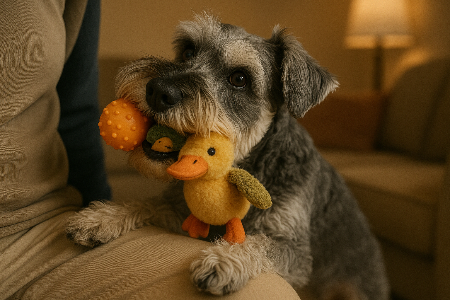 A dog showing affection: loving gaze, leaning, bringing toys
