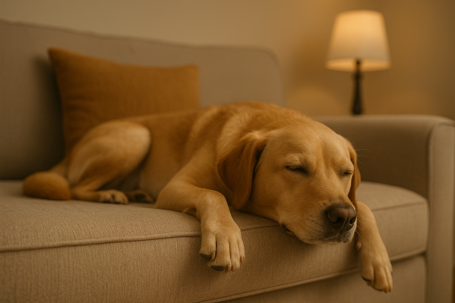 Calm dog resting at home after alone-time training that reduced howling