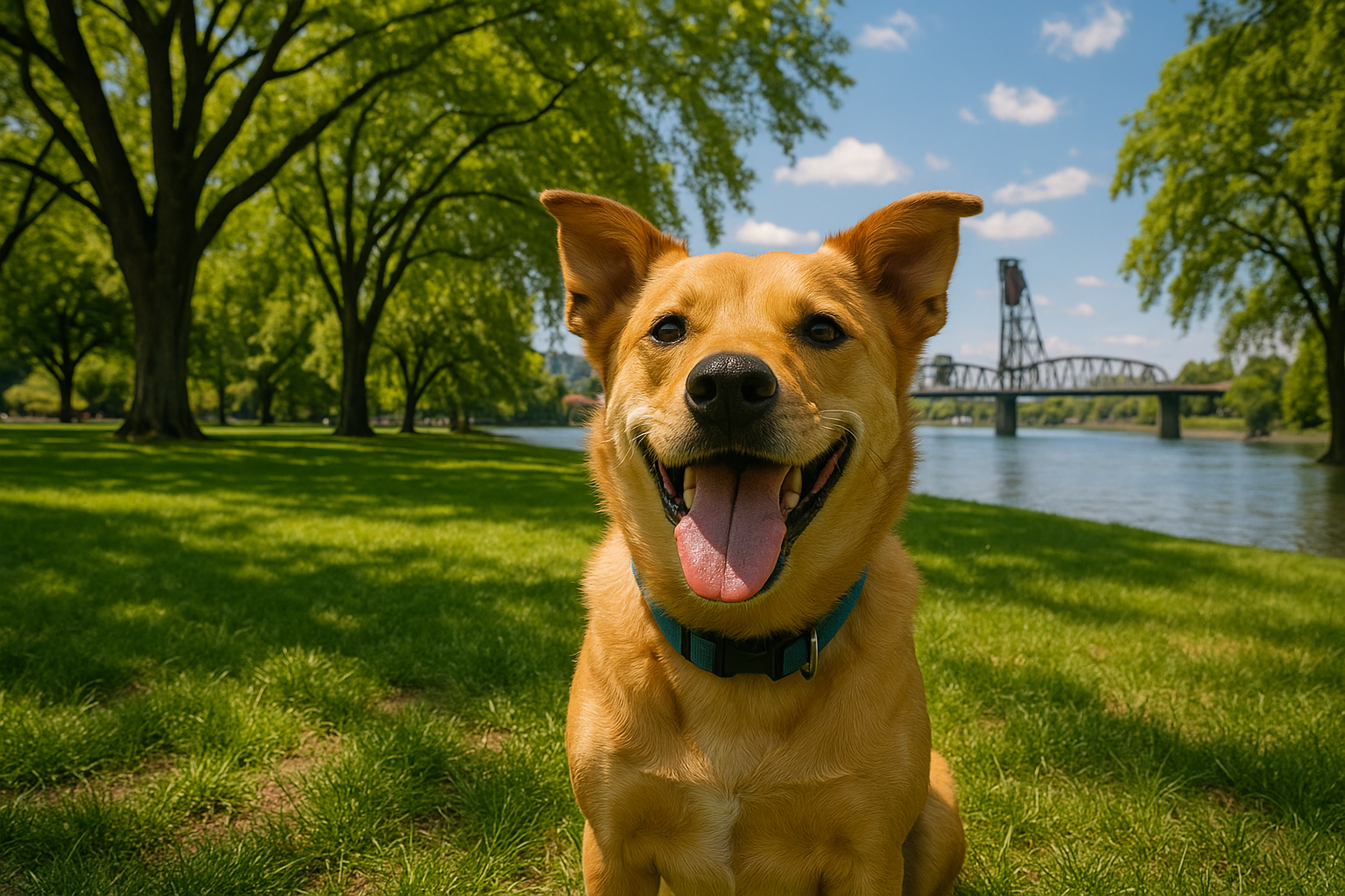 Happy dog at a Portland park with trees and river access