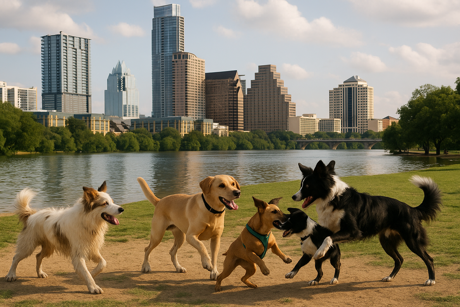 Dogs playing at an Austin dog park near the water with skyline views