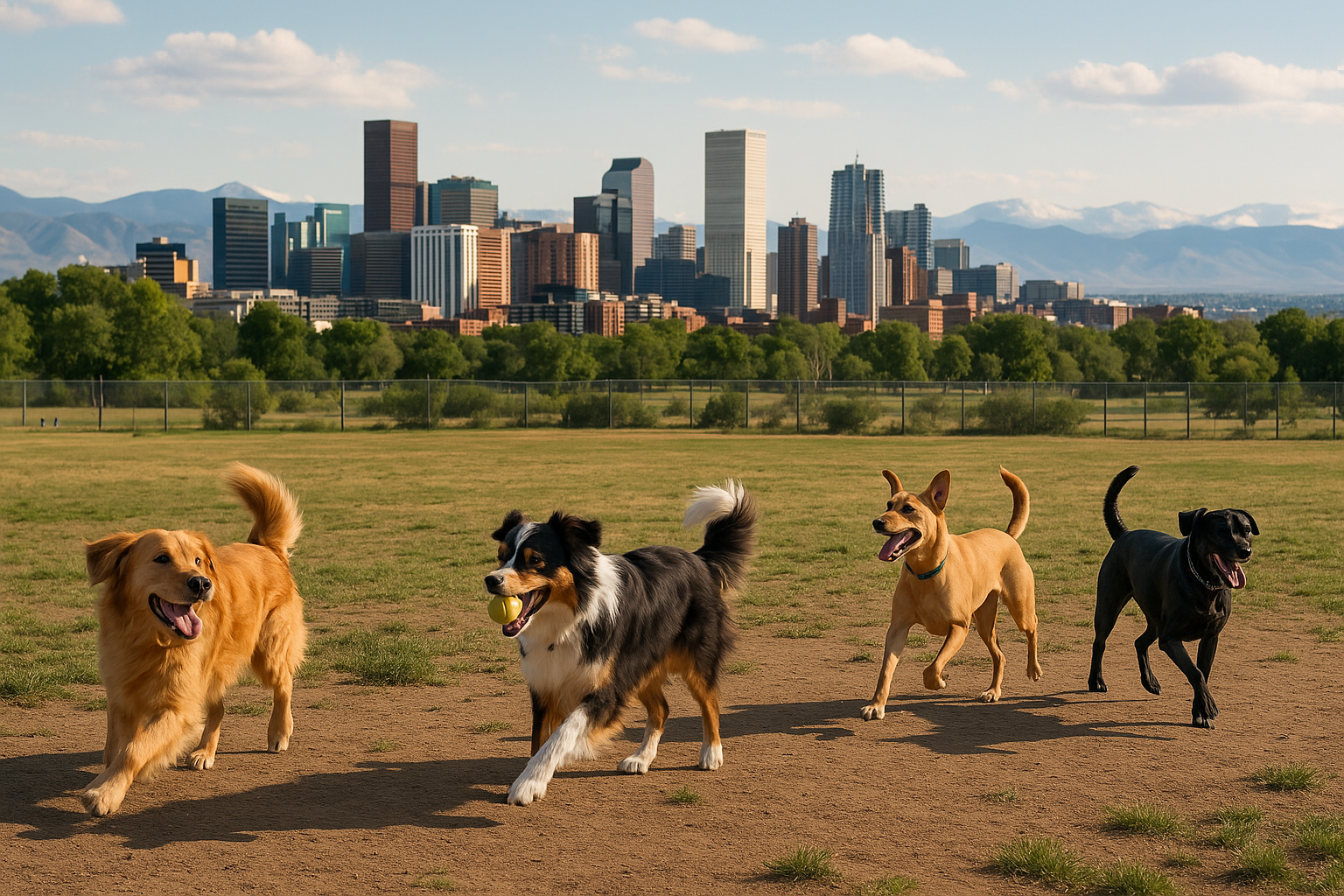 Dogs playing at a Denver dog park with city skyline and mountain backdrop