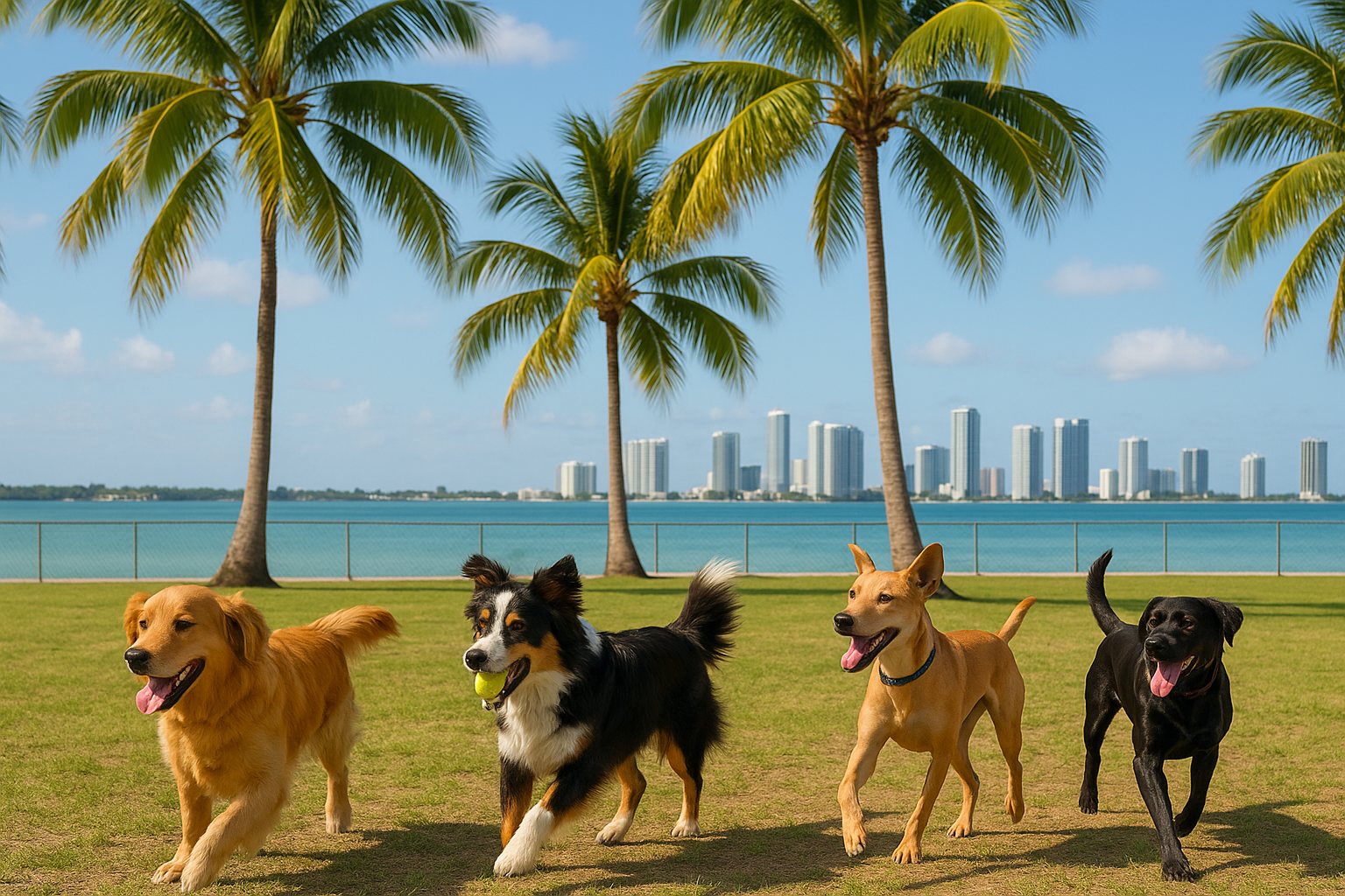 Dogs playing at a Miami dog park near palm trees and waterfront