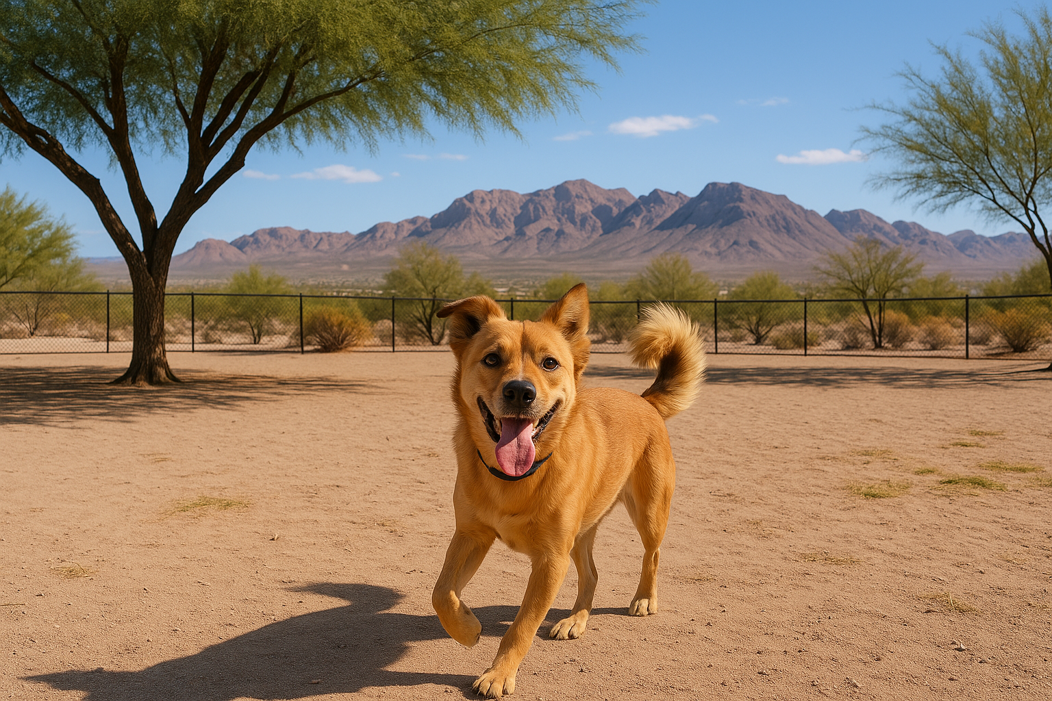 Happy dog at a Las Vegas off-leash dog park with shade and desert landscape