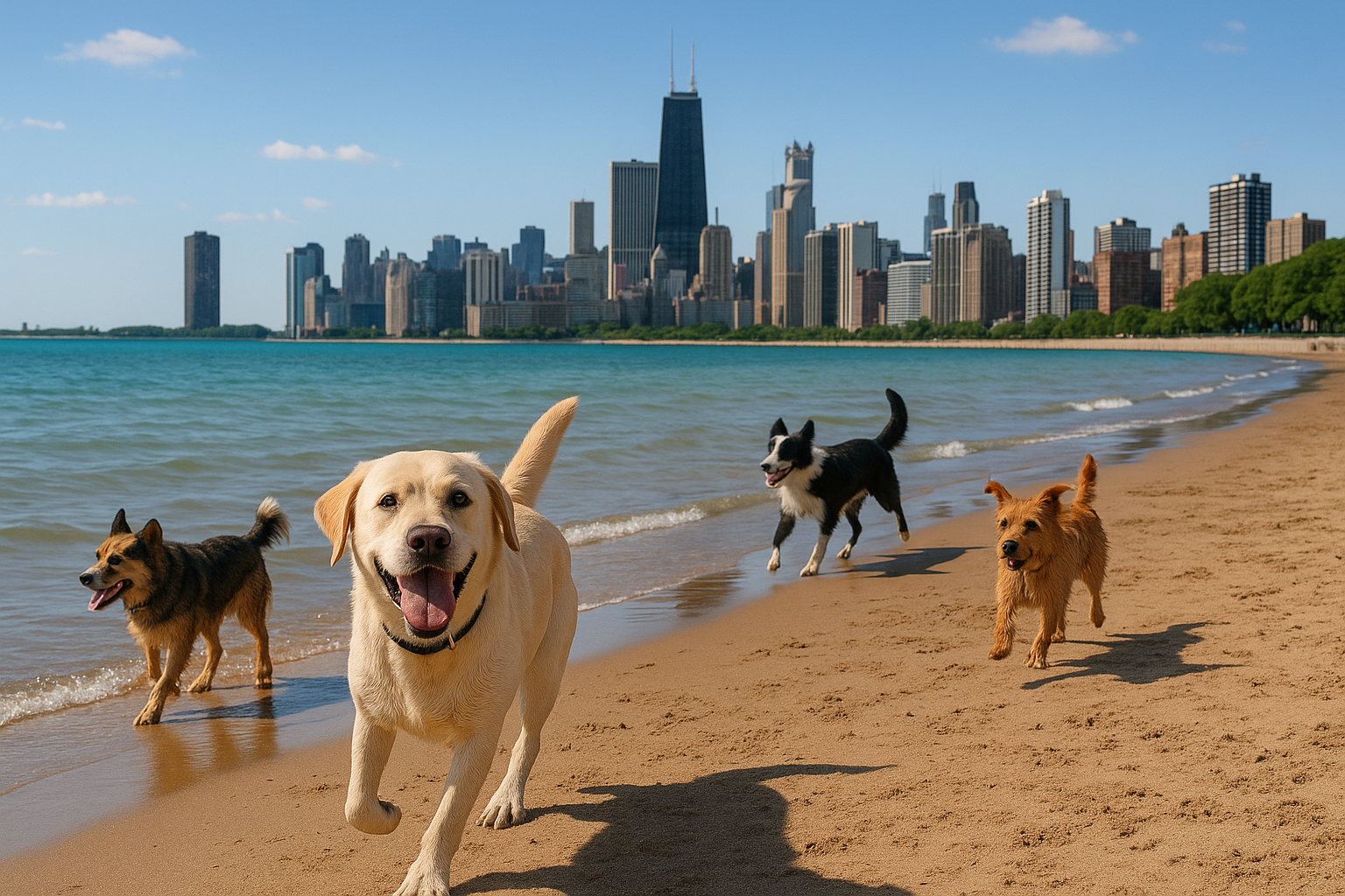 Dogs playing at Montrose Dog Beach in Chicago with skyline views