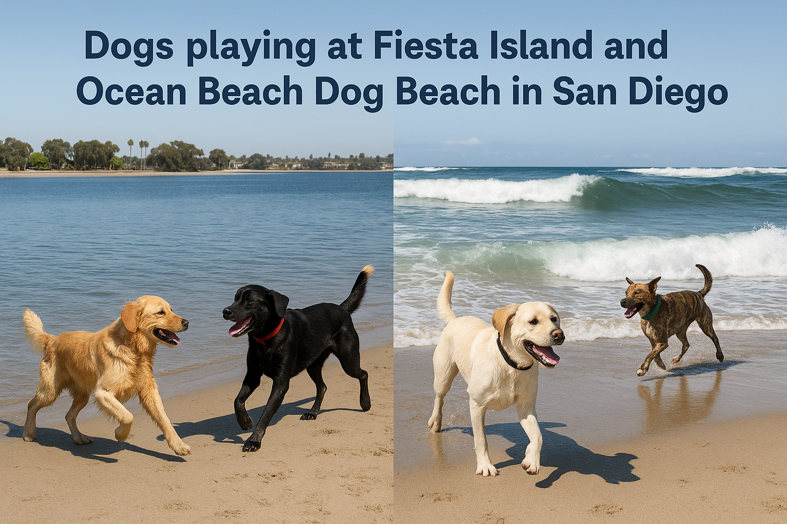 Dogs playing at Fiesta Island and Ocean Beach Dog Beach in San Diego with bay and surf views