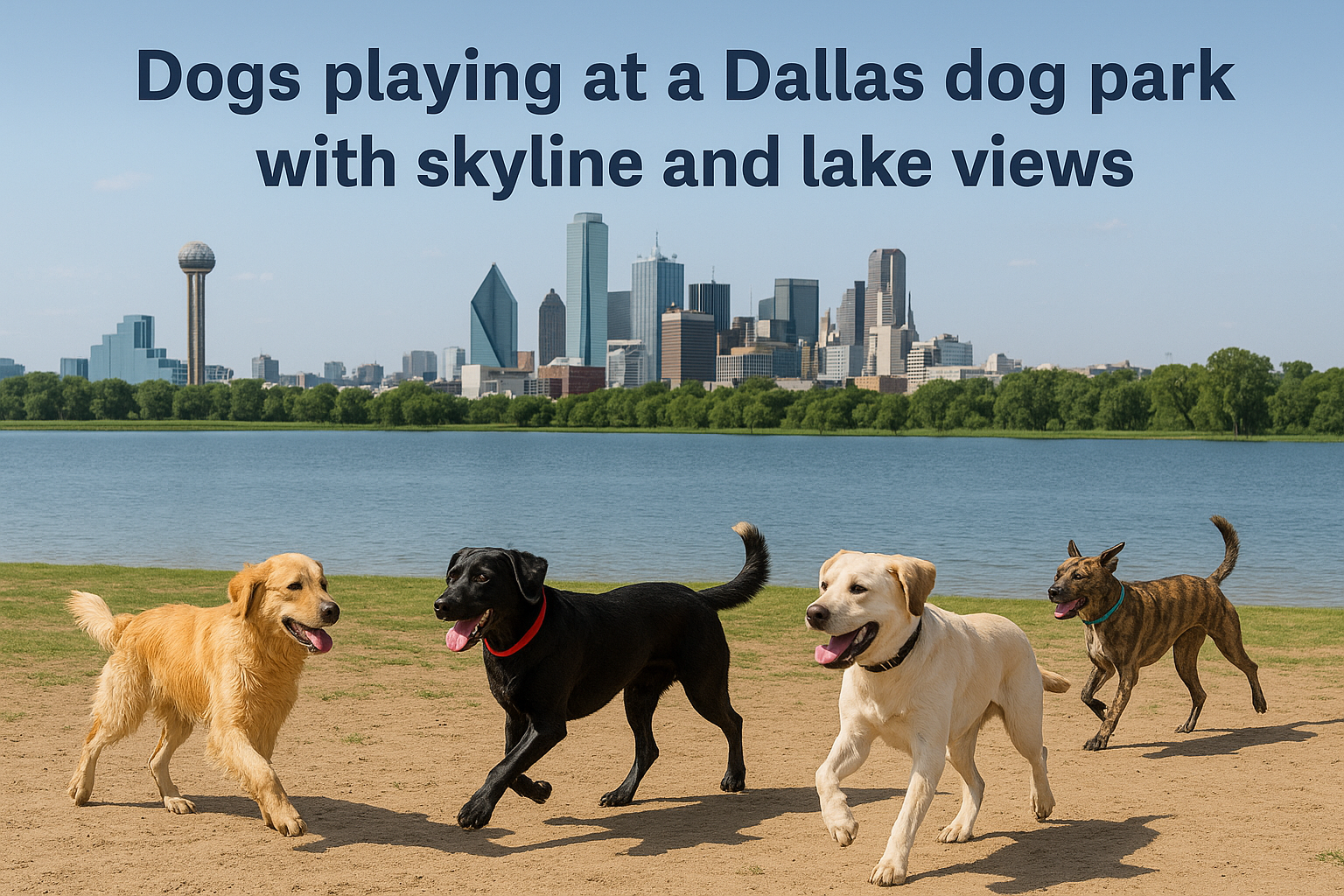 Dogs playing at a Dallas dog park with skyline and lake views
