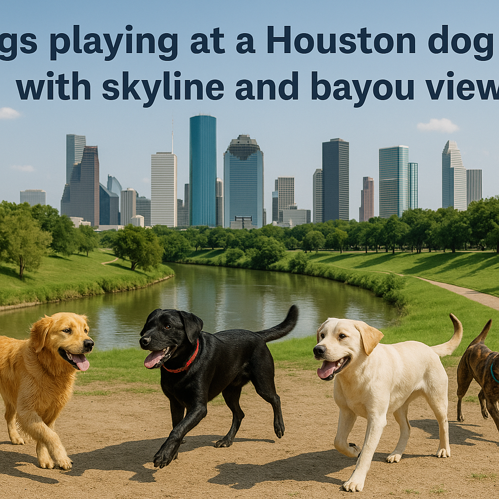 Dogs playing at a Houston dog park with skyline and bayou views