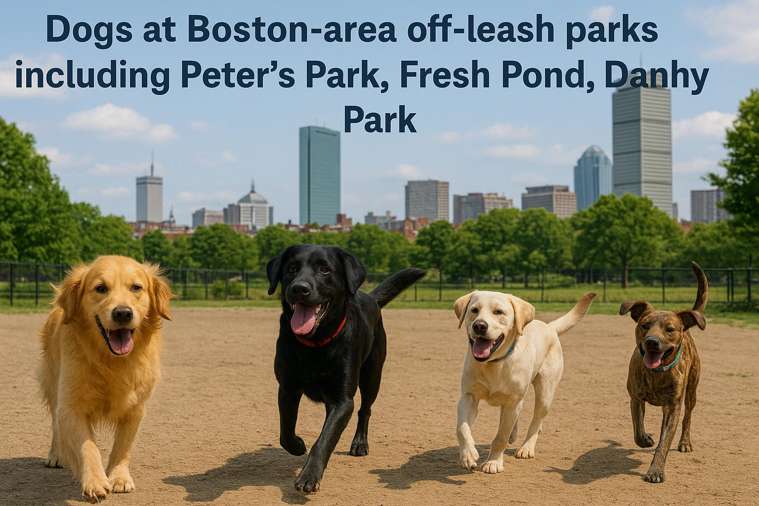 Dogs at Boston-area off-leash parks including Peter's Park, Fresh Pond, and Danehy Park