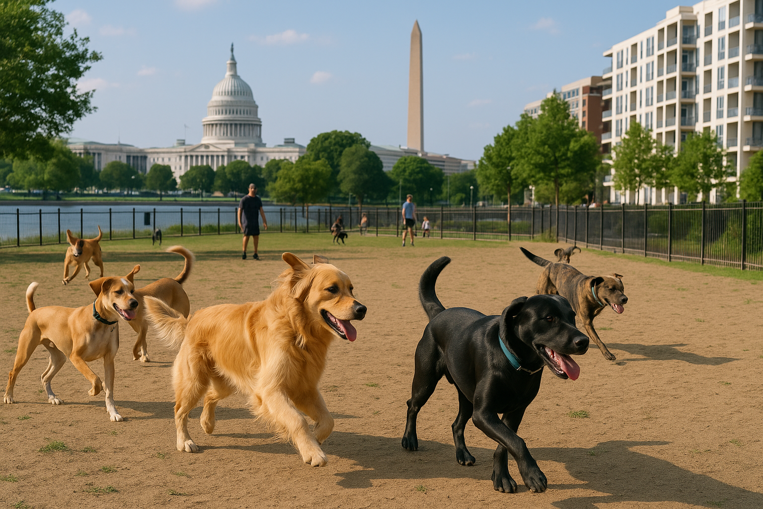 Dogs playing at a Washington DC dog park near the Capitol Riverfront
