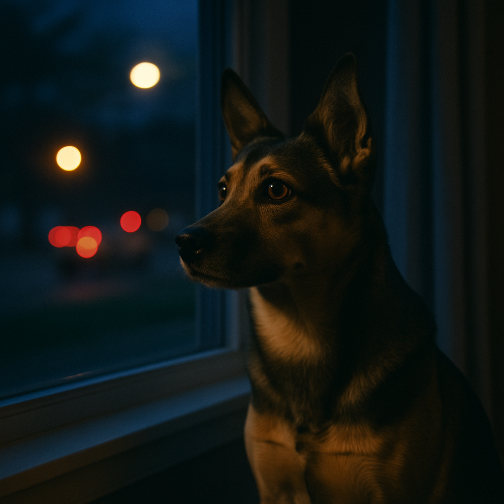 Dog looking alert at night near a window while neighborhood noises occur